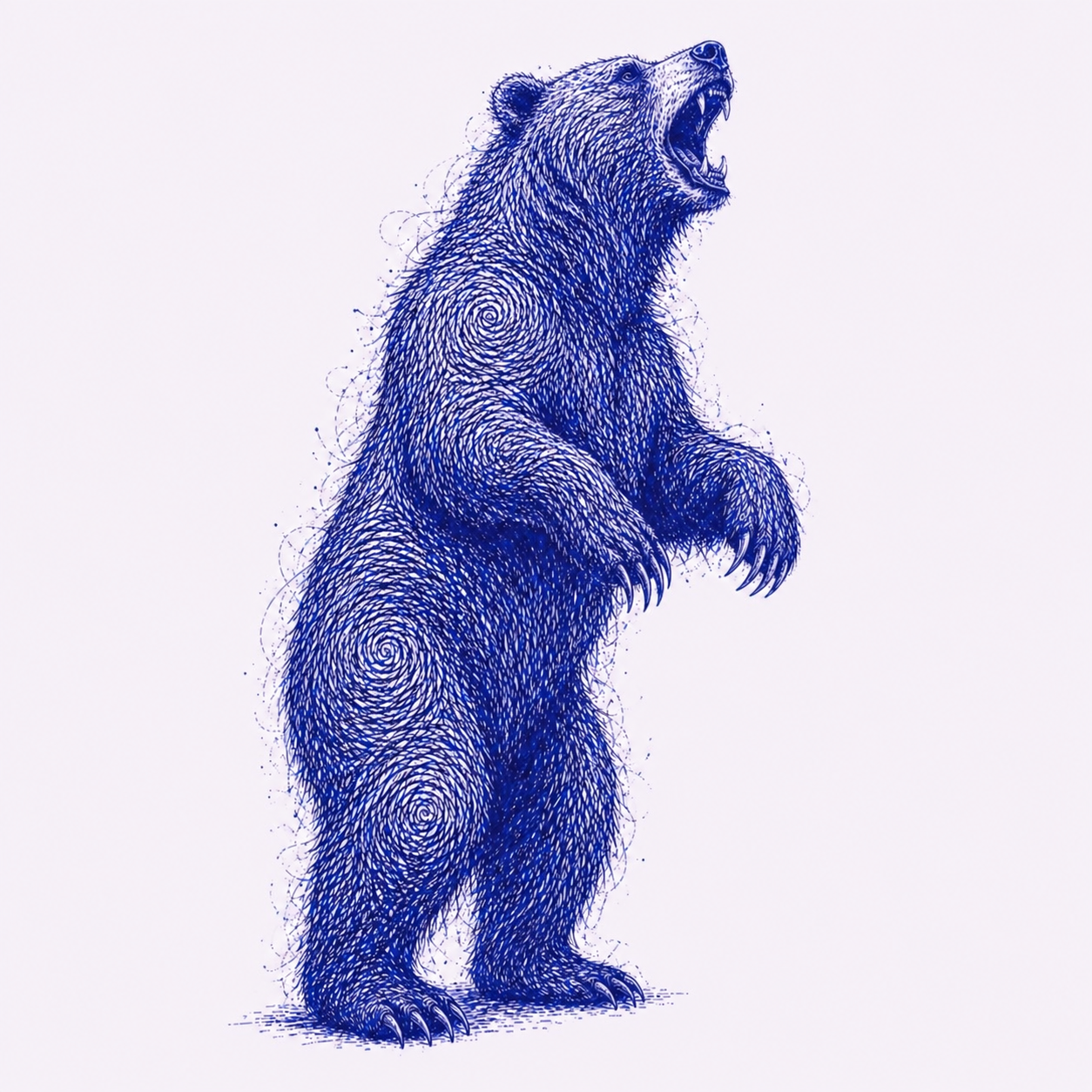 Pentekening van een rechtopstaande grizzlybeer in kobaltblauw op lavendel, met geopende muil en zichtbare klauwen.